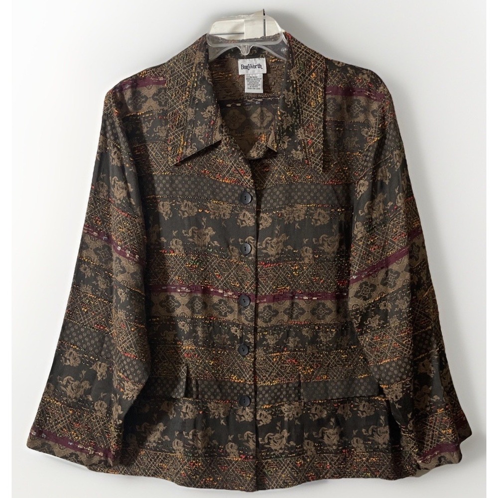 Bon Worth Brown Yarn Stitched Tapestry Style Button Down Jacket Women's M P